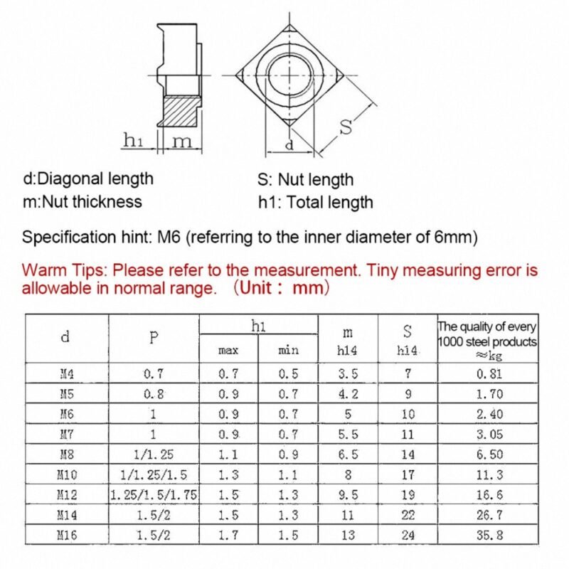 Stainless Steel Thread Square Weld Nuts