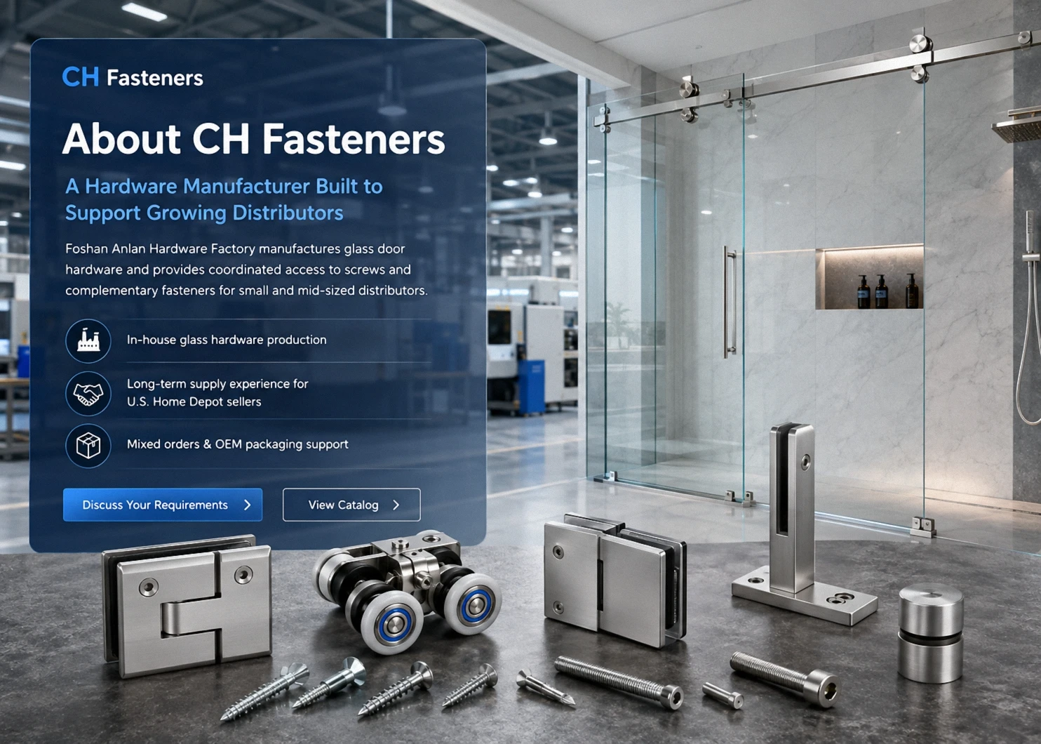 Glass door hardware and screw products supplied by CH Fasteners