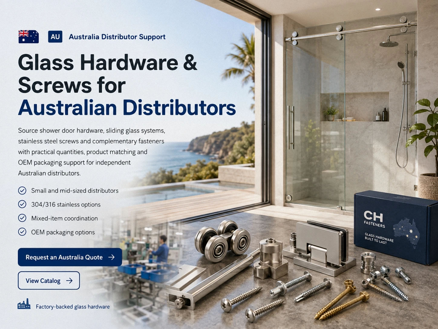 Herrajes para puertas de vidrio corredizas suministrados a distribuidores australianosdin