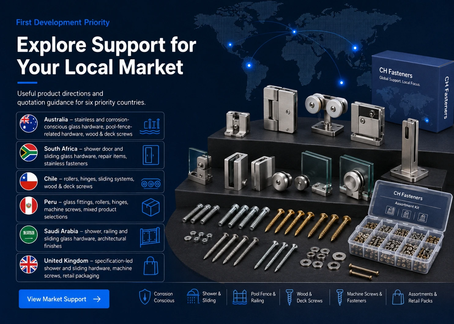 Glass door and window hardware for international distributors