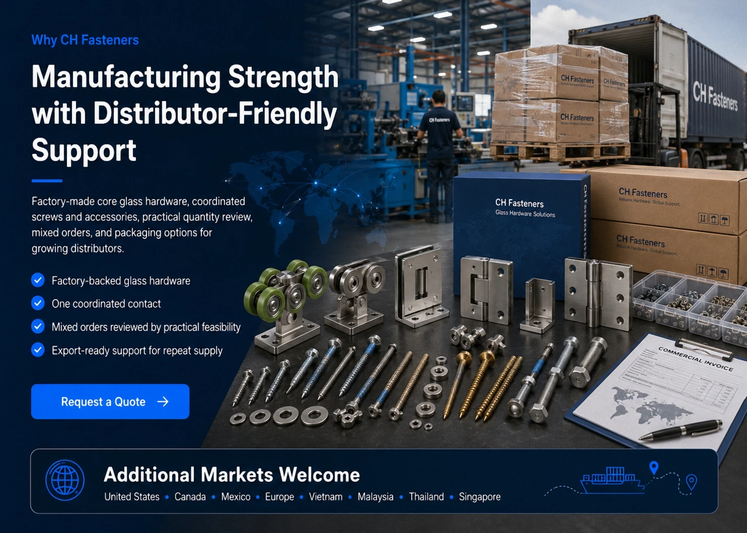 Screws and related fasteners for international distributors