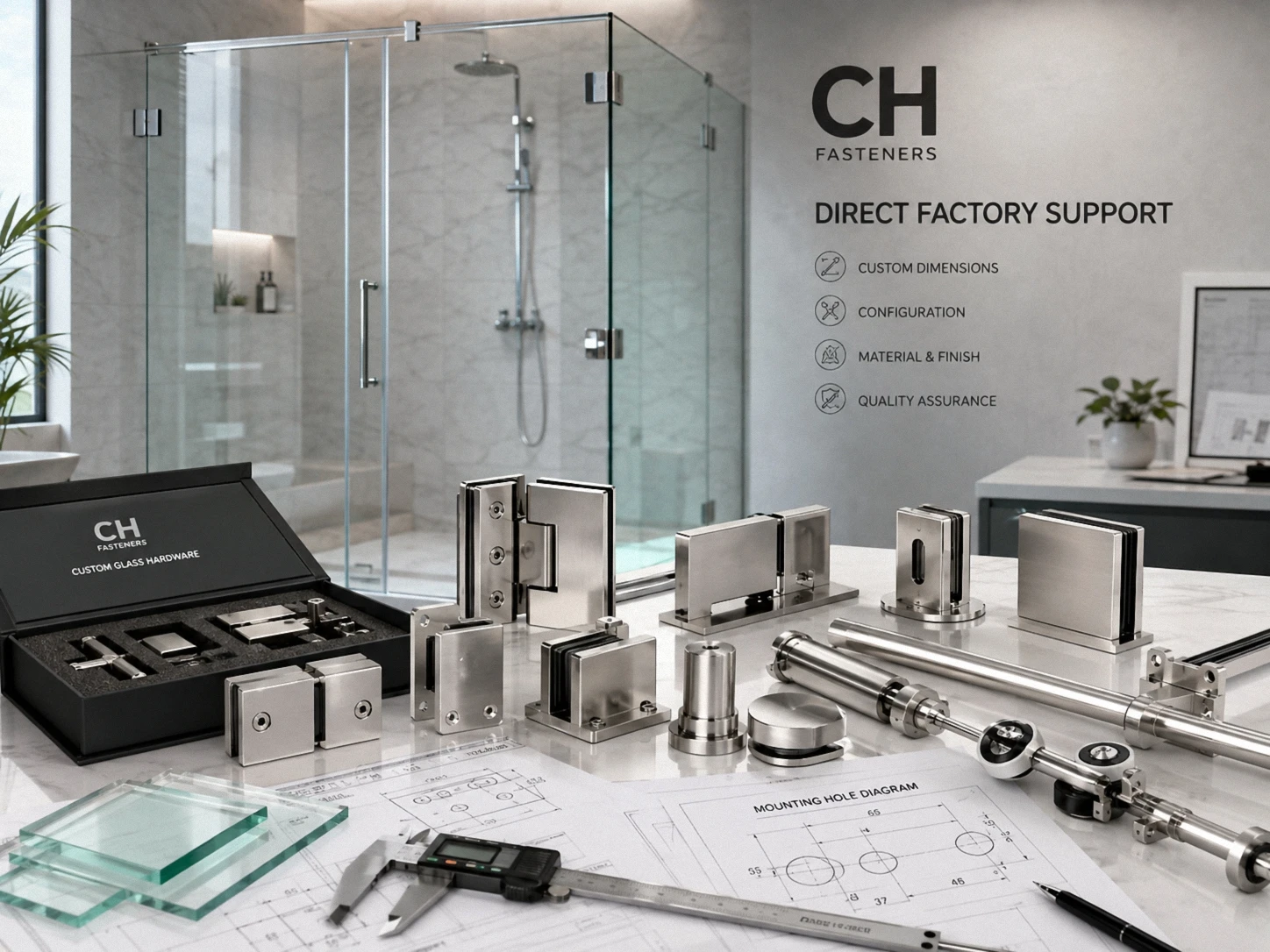 Custom shower door hinges and glass hardware manufacturing