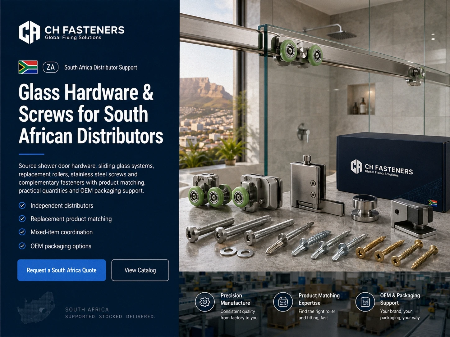 Shower door rollers and glass hardware supplied to South African distributors